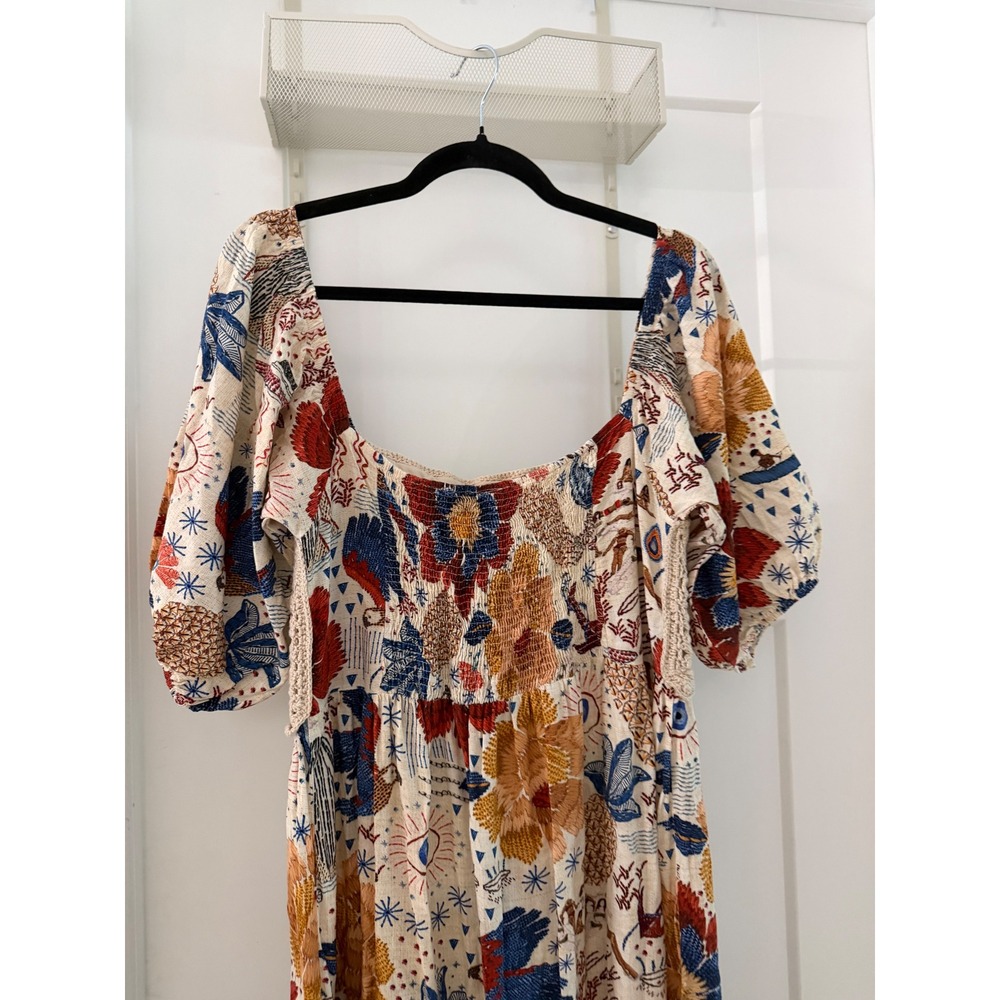 Farm Rio Crochet Bodice Tropical Print Puff Sleeve Maxi Dress Boho Colorful M - Picture 7 of 7
